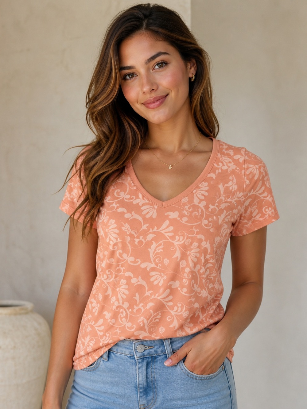 High Sierra Peach Floral V-Neck Short Sleeve Tee
